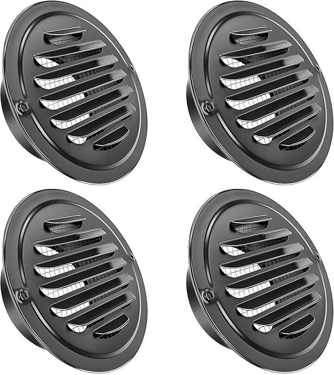 3 inch 4-Pcs Stainless Steel Vent Cover, Black Round Soffit Louver Grille Exhaust Cover, Built-in Mesh Screen, Suitable for Vent Places Such as Kitchen, Bathroom, etc (3 inch Black Cover 4Pcs)