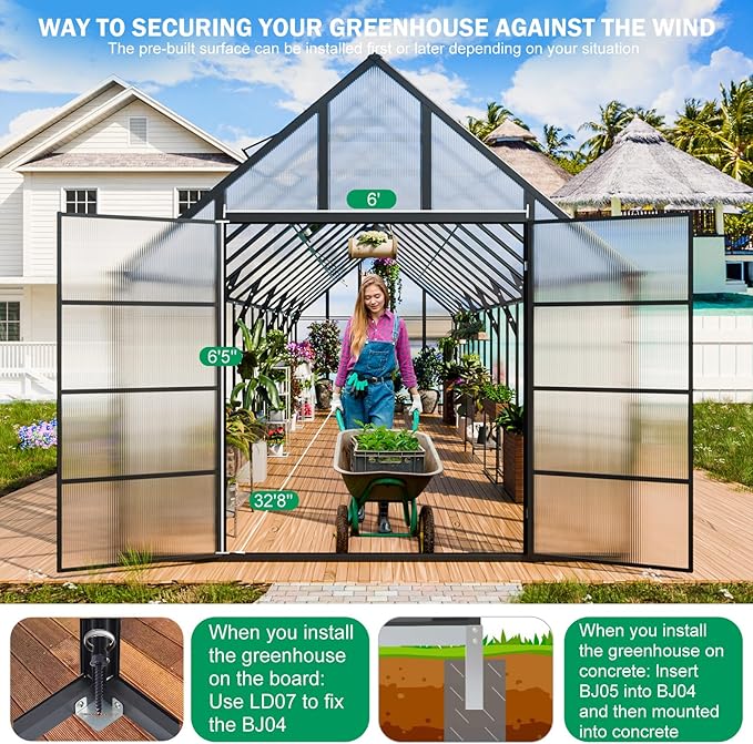 CDCASA 10x32 FT Greenhouse for Outdoors,Large Easy Assembly Thicker Aluminum Polycarbonate Greenhouses w/7 Windows, Double Doors, Walk-in Green House for Outside,Patio,Backyard,Garden