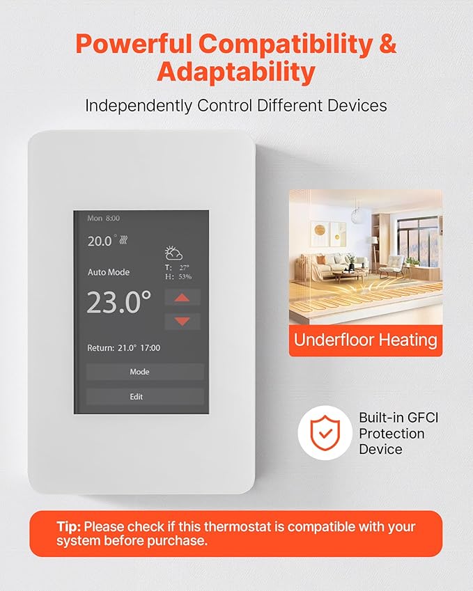 VEVOR 7-Day Programmable Thermostat Gray-White (Without WiFi) - for Radiant Underfloor Heating Cable & Heat Pump, GFCI & Sensitive Sensor, TFT Color Touch Display, Energy-Efficient