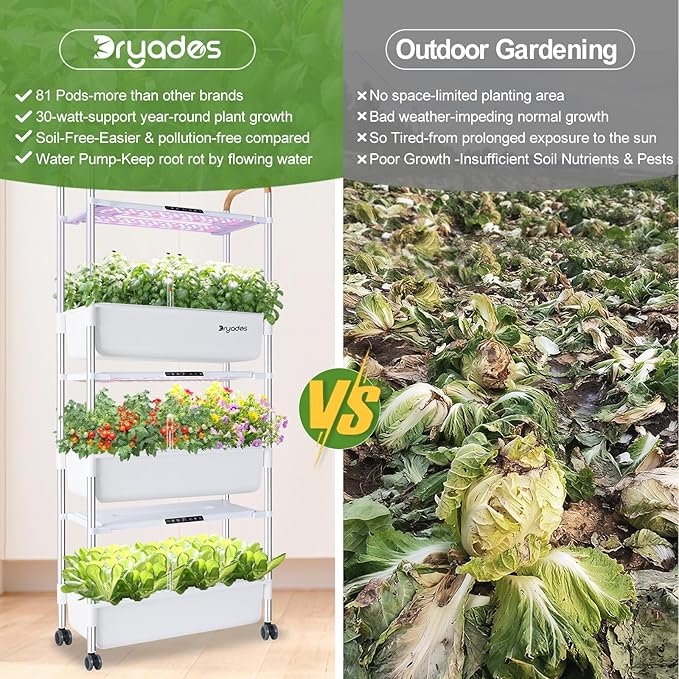 Indoor Hydroponic Growing System with 81 Pods Herbs Garden Kit with 30W Led Grow Light Large Movable 3-Layer Floor-Standing Hydroponic Gardening System for Vegetable Fruit