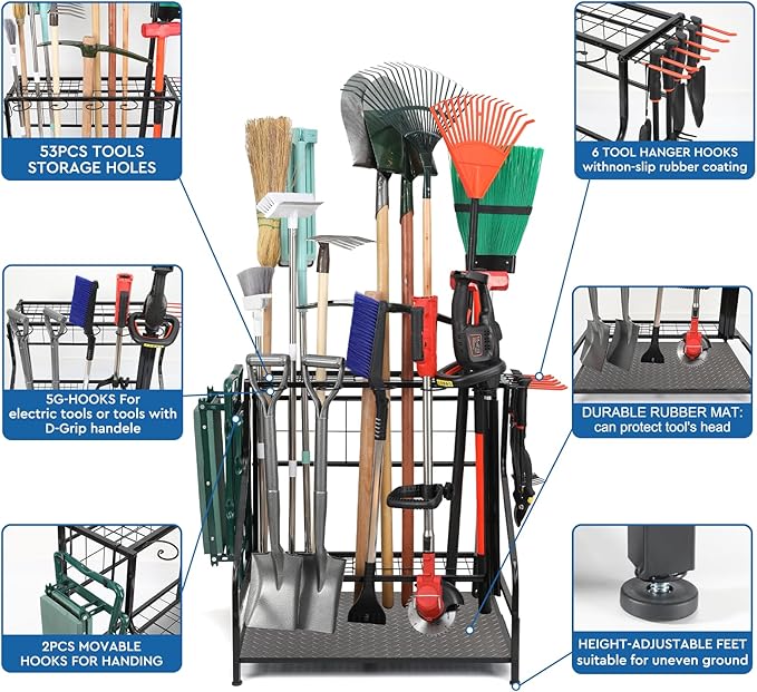 Garden Tool Organizer for Garage, Yard Tool Storage, Garden Tool Rack, for Shed Home Outdoor, Up to 58 Long-Handled Tools, Garden Tool Stand, Heavy Duty Steel, Black