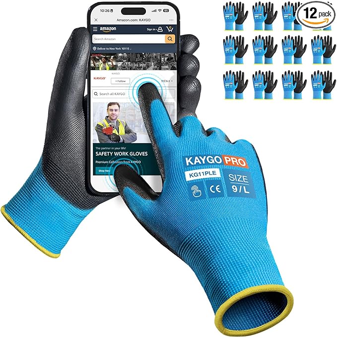 Work Gloves PU Coated for Men and Women, 12 Pairs Safety Work Gloves with Two Fingers Touchscreen, Breathable and Lightweight,Ideal for Light Warehouse, Manufacturing, Gardening, KG11P (L, Blue)