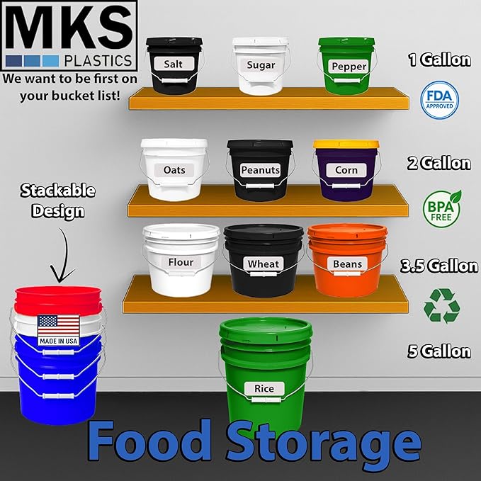 MKS Plastics 5-Gallon Bucket with Airtight Lid – Made in USA, Food Grade BPA Free Plastic, Heavy Duty Multi-Use, Metal Handle with Grip, Stackable Storage – Green, 1 Pack