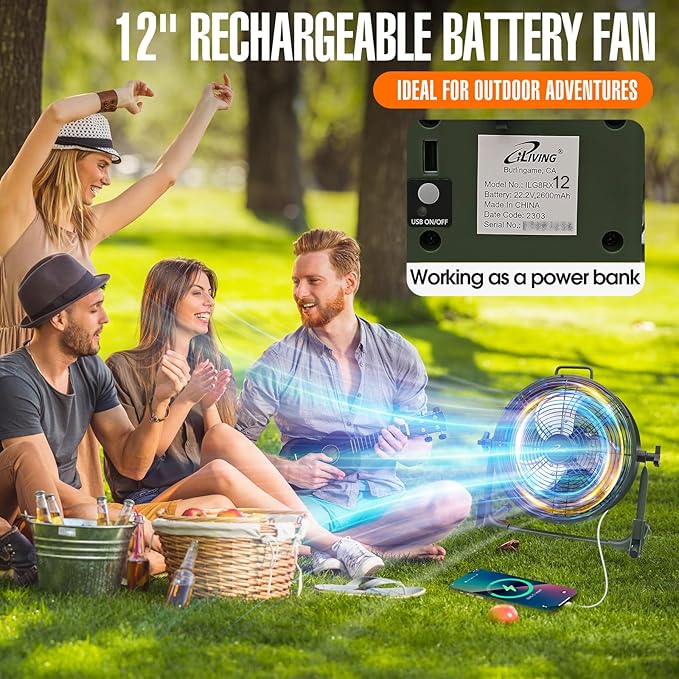 iLiving 12" Rechargeable Battery Operated Camping Floor Fan, High Velocity Portable Outdoor Fan with Metal Blade, With Built-in Lithium Battery for Whole Day Usage, 12 Inches, Military Green