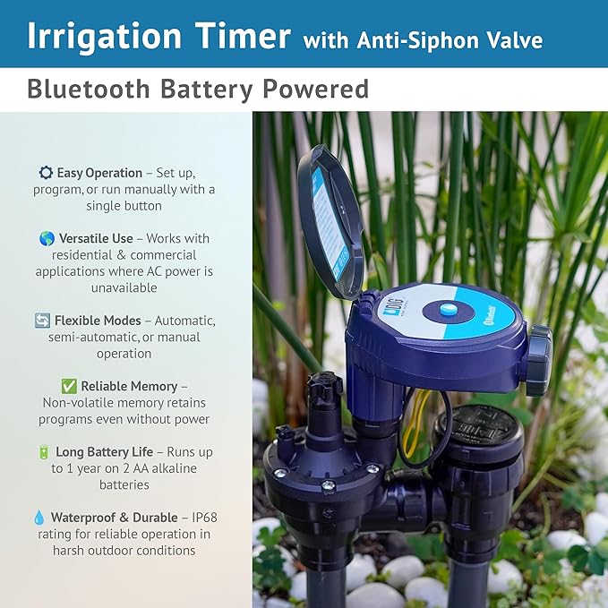DIG BTC-ASV Bluetooth Battery Powered Weatherproof Wireless Irrigation Controller w/ Anti Siphon Valve - Smart, Easy-to-Use, Compatible with Residential Drip and Sprinkler Irrigation Systems