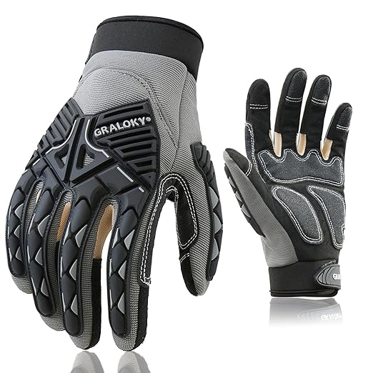 Safety Work Gloves Men Women, TPR Impact Gloves for Men Women, Anti-Vibration Gloves, Touch Screen Heavy Duty Work Glove for Gardening Construction Mechanic, Leather Tactical Glove, Large