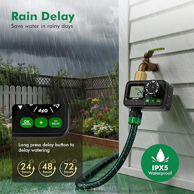 RESTMO Sprinkler Timer for Outdoor Hose Faucet 2 Pack, Up to 11h59m Programmable Watering Timer for Soaker Hose, Misting with Brass Inlet & Large Dial, Rain Delay/Manual/Automatic Irrigation System