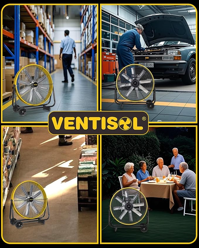 VENTISOL 24 Inch Industrial Floor Fan, 3-Speed High Velocity Shop Fan with 8 Blades, Heavy Duty Drum Fan 9500 CFM, Large Metal Garage Fans for Warehouse, Outdoor, Commercial