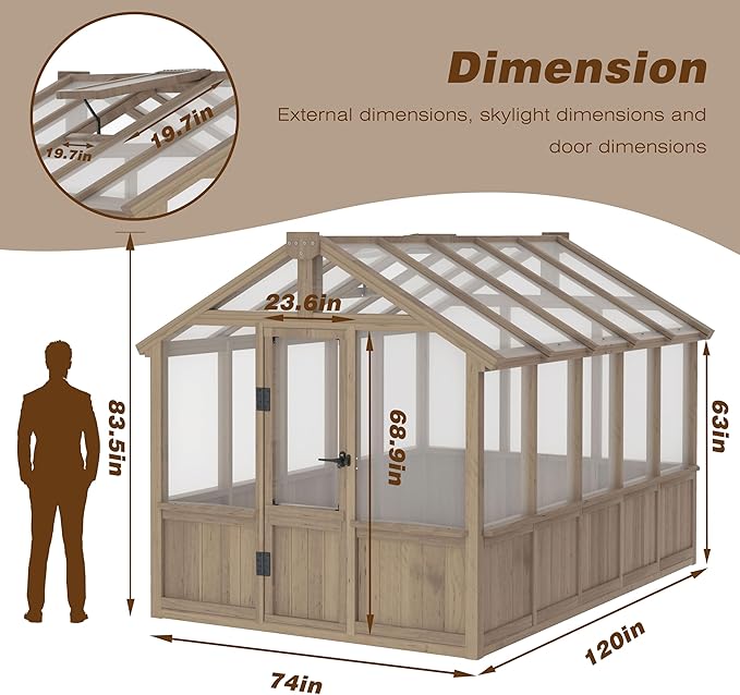 Yardenaler 6x10 FT Green House for Outdoor, 6MM Thick Polycarbonate Panel Wooden Walk-in Greenhouse Kit with Lockable Door and Adjustable Roof Vent, Backyard Garden, Light Mocha Brown