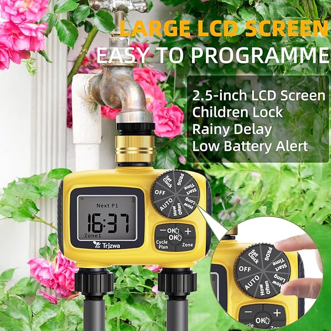 Sprinkler Timer Outdoor with Brass Swivel Water Timer for Garden Hose 2 Zone Programmable/Rain Delay/Manual/Automatic Irrigation Controller-Sprinkler System for Garden/Lawn/Yard/Pool