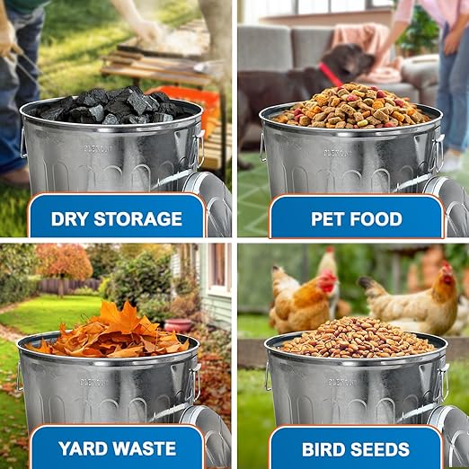 Plexon 20 Gallon Metal Trash Can with Lid Outdoor Large Trash Bin Galvanized Steel Garbage Can for Farm Garage Patio Ash Bucket Bird Seed Storage Can Heavy Duty Round Container, 6 Pack