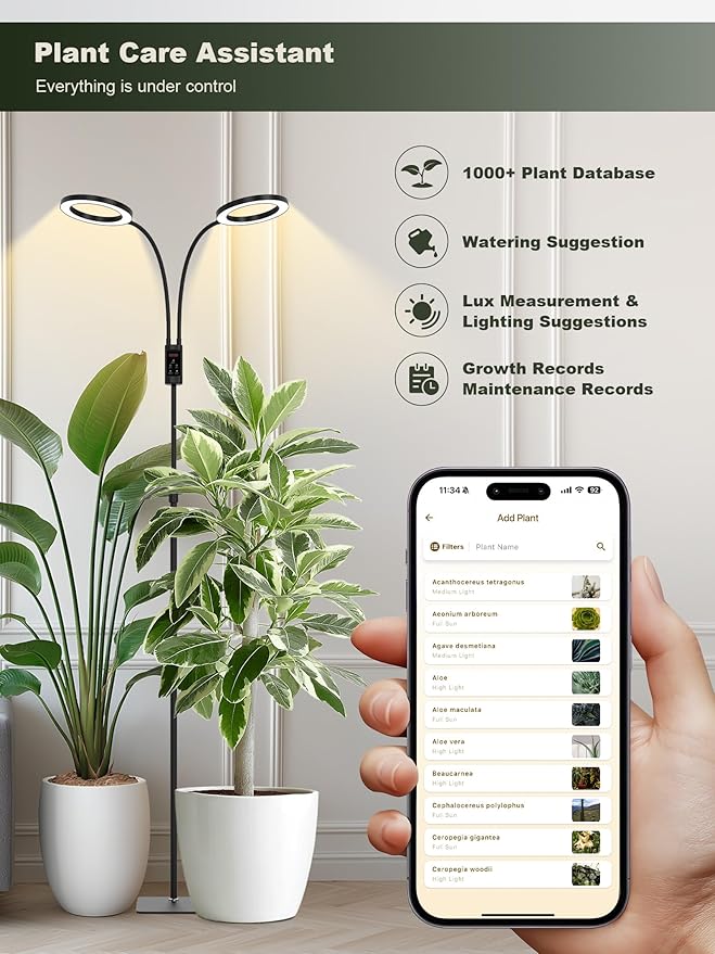 GLOWRIUM Smart Grow Lights for Indoor Plants, 48W Full Spectrum Plant Lights with Bluetooth App, Adjustable Height 47-70.9", Auto Timer, Indoor Plant Lamp for Large Tall Plants（Black 48W）