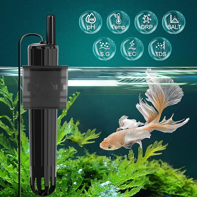 kactoily Long-Range WiFi Aquarium Water Quality Monitor – 7 Parameter Digital Aquarium Water Tester for pH ORP EC TDS Salinity SG Temp, Freshwater & Saltwater Tanks