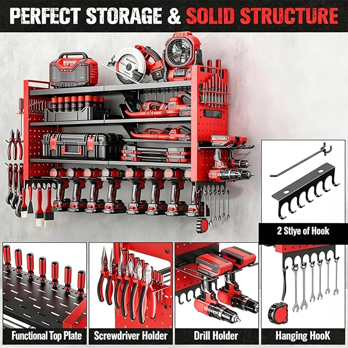 Heavy Duty Power Tool Organizer Wall Mount,Garage Organization with 10 Drill Holder, 4 Layers Tool Organizers and Storage for Workshop,Red