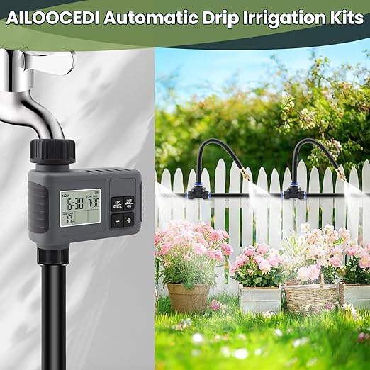 100FT Automatic Drip Irrigation Kits with Water Timer - Garden Watering System with 360° Bendable Spray Adjustable Copper Atomizing Nozzles for Yard, Lawn, Raised Bed, Greenhouse, Potted Plants