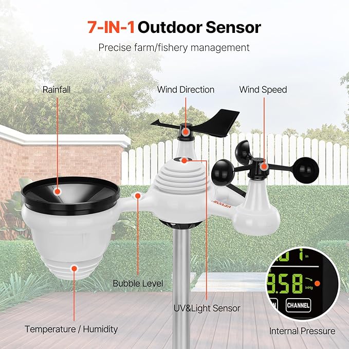 VEVOR 7-in-1 Wireless Weather Station, 7.5 in Color Display, Digital Weather Station Indoor Outdoor, for Temperature Humidity Wind Speed/Direction Rain UV, with Forecast Data, Alarm, Alerts-NO WiFi