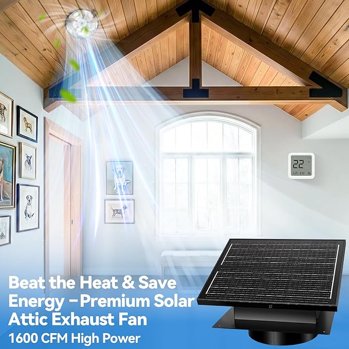32W Solar Powered Attic Exhaust Fan with 10" Roof Vent - IP68 Waterproof DIY Ventilation System to Lower Heat, Prevent Moisture & Save AC Costs - Off-Grid Cooling for House, Garage,Shed & Greenhouse