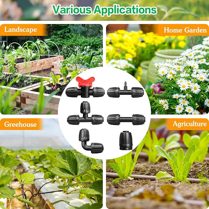 Gardrip Drip Irrigation Fittings Kit for 1/2 Inch Tubing：1/2'' Drip Line Anti-Drop Barbed Locked Nut Connectors 18 Pieces Set Include 4 Couplings 4 Tees 2 Elbows 3 Valves 3 Reducing Tee 2 Plugs