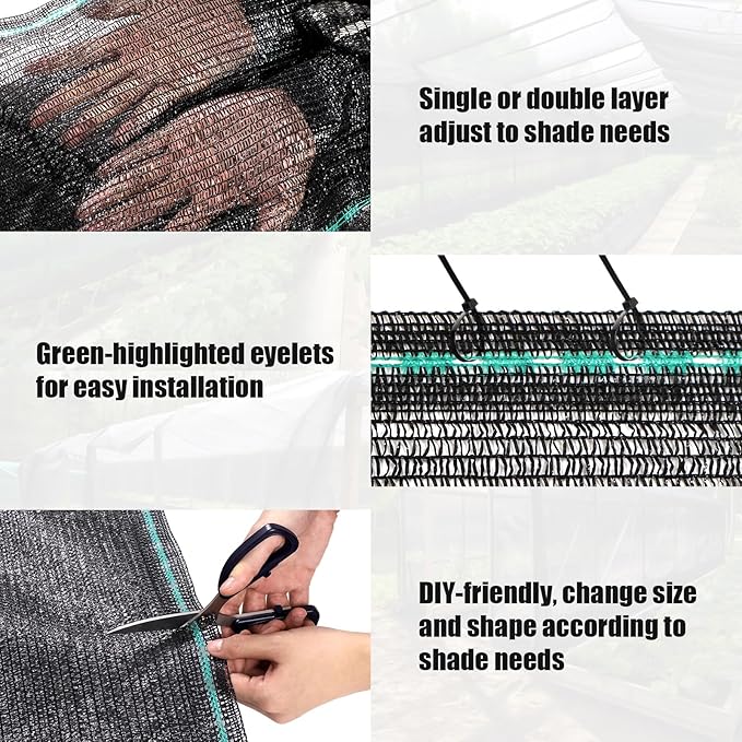 Amagenix 50% Eyelets Shade Cloth Roll 5'10" x 100 FT Cuttable Sun Shade Mesh Tarp UV Resistant Screen Cover for Garden, Patio, Greenhouse, Canopy, Kennel, Plant, Black