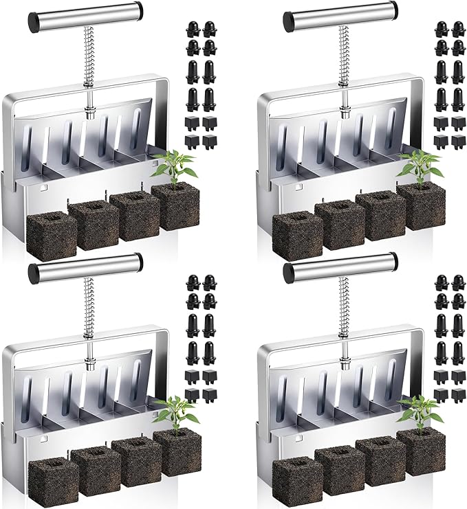 4 Pack Soil Blockers 2 Inch 4 Cell Soil Block Maker with 3 Sizes Seed Pins Comfortable Handle Handheld Blocking Tools for Seeds Starting Grow Seedling Cuttings Greenhouses Garden Outdoor