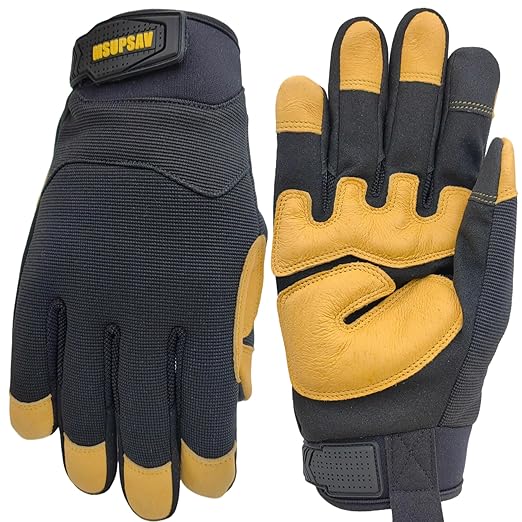 All-Purpose Work Gloves,Performance Fit Mechanics Glove,Grain Leather Knuckle Working Glove,Durable,Black+Yellow,Large