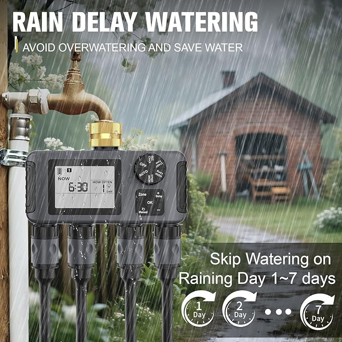 4 Separate Zone Garden Irrigation Timer Brass Inlet Intelligent Controller Automatic Manual Rain Delay Watering Systems Rain Delay Irrigation