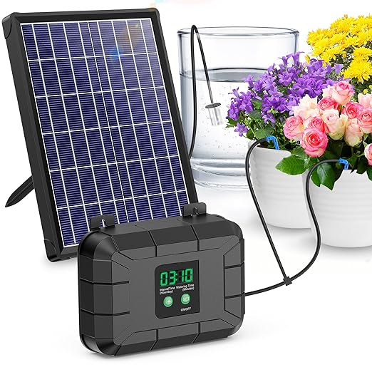 Biling 8W Pro Solar Irrigation System, Digital Programmable Automatic Drip Kit with 3000mAh Battery for Large Gardens, Supports 30+ Potted Plants, Greenhouses, Raised Beds