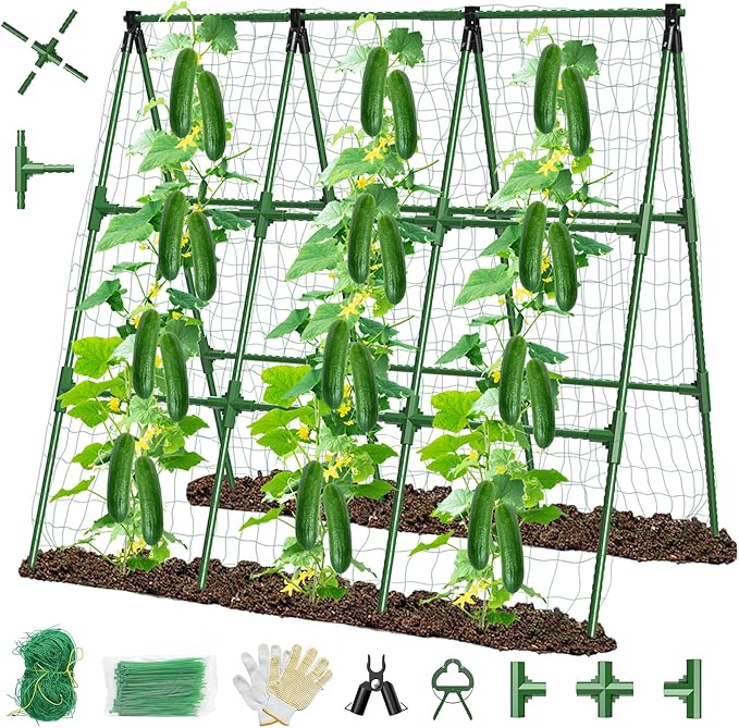 51" x 53" Cucumber Trellis for Raised Bed, A-Frame Garden Trellis for Climbing Plants Outdoor, Rust-Proof Metal Support for Tomato, Peas, Beans, Zucchini & Vines, with Netting & Clips