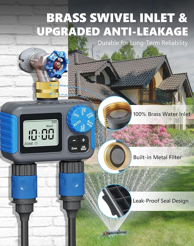 Sprinkler Timer with Brass Swivel, 2 Zone Hose Timers for Watering, Digital Irrigation Timer with Rain Delay & Manual Mode, Automatic Watering System for Outdoor Garden Lawn Yard