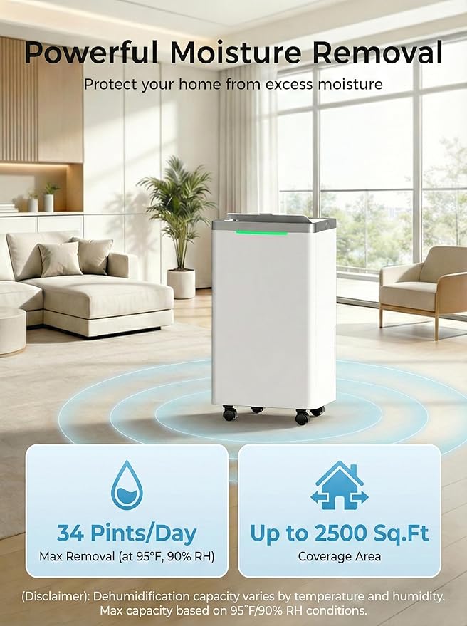 34 Pints/Day Dehumidifier for Basement, 2500 Sq. Ft Dehumidifiers for Home with Drain Hose, 38dB Quiet Dehumidifier for Bedroom Bathroom, 24HR Timer, 3-Color Indicator, Auto Defrost, Child Lock