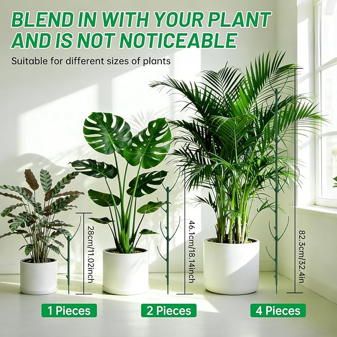 10 Pack Stackable Monstera Plant Support Stakes with 2 Rolls Velcro Ties & 20 Clips, Adjustable Plant Stakes for Indoor Plants, Plant Sticks Support Tall Pothos Climbing