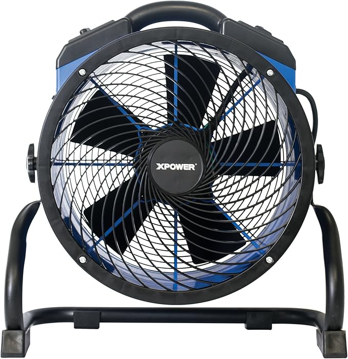 XPOWER FC-300 Heavy Duty Industrial High Velocity Whole Room Air Mover Air Circulator Utility Shop Floor Fan, Variable Speed, Timer, 14 inch, 2100 CFM, Black, Blue