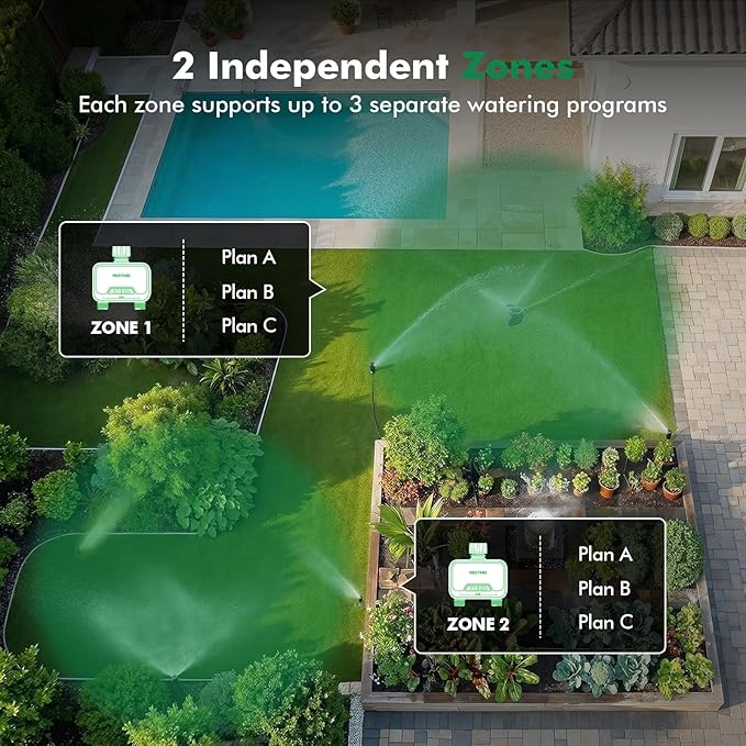 RESTMO Smart WiFi Water Timer for Garden Hose, 2 Zone Sprinkler Timer with APP Control & Brass Inlet, Rain Delay/Manual/Automatic Watering System, Quantity or Timed Irrigation Modes for Misting, Lawn