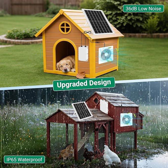 Solar Exhaust Fan with 24000mAh Battery, 25W 9.8" Solar Powered Fan for Day/Night Use, 3200 RPM High-Speed Low Noise Waterproof Ventilation Fan for Chicken Coops, Greenhouses, Garages & Sheds