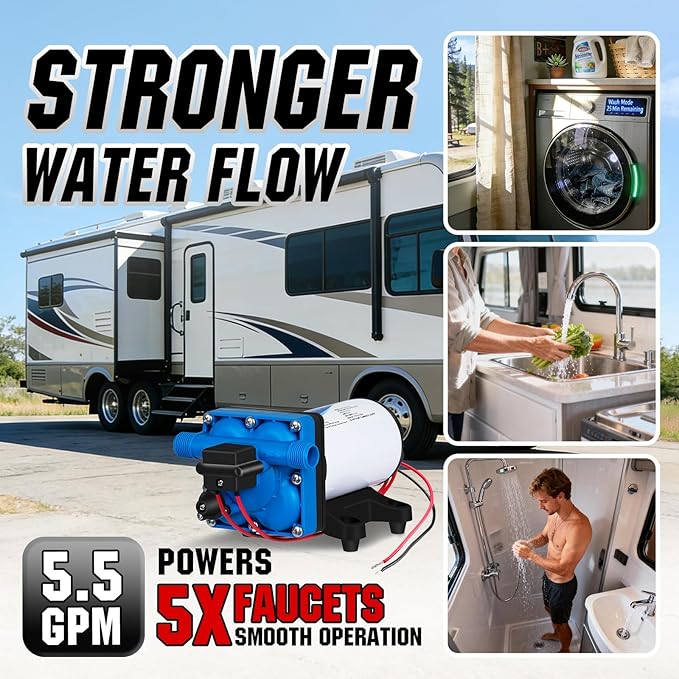 DC HOUSE 4-Chamber RV Water Pump 12V, 5.5GPM 70PSI High Pressure, Quiet Fresh Water Diaphragm Pump with On Demand Pressure Switch for Camper, Travel Trailer & Off-Grid Cabin