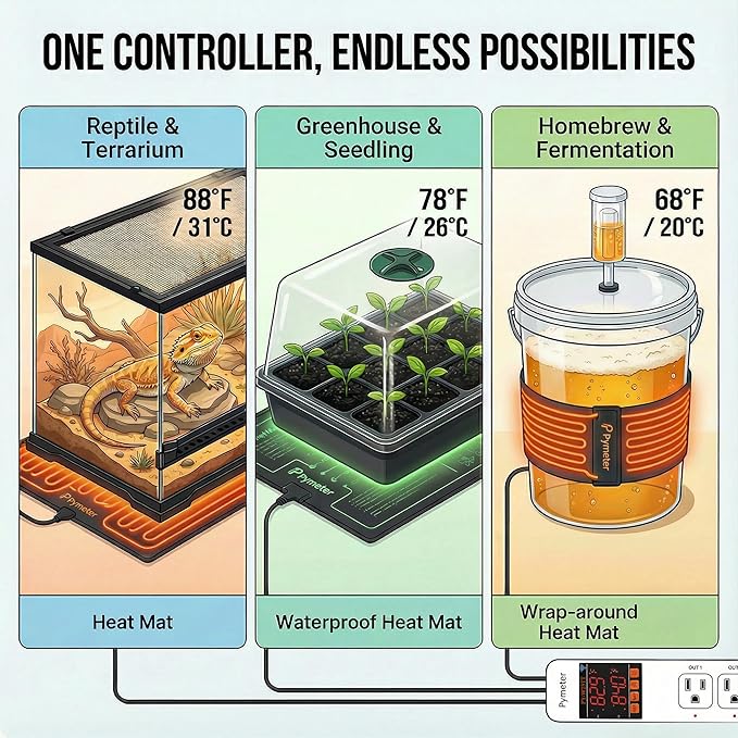 SmartLife/Tuya APP WiFi Temperature Controller with Dual Probes, Smart Digital Thermostat with Two Outlets for Reptile Heat Mat, Greenhouse Seedlings, Homebrew Fermentation, Cooling Fan