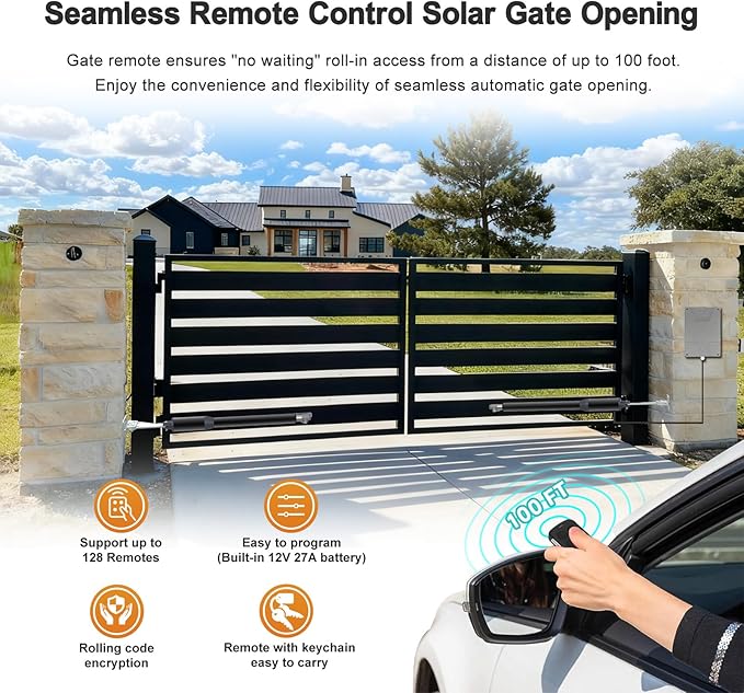 C01-L Automatic Gate Openers Kit for Dual Swing Gate Up to 14ft Long or 440lb Per Arm, Electric Gate Opener for Driveway Dual Swing Gate with Long-Range Gate Opener Remote, Motor 40W AC Powered