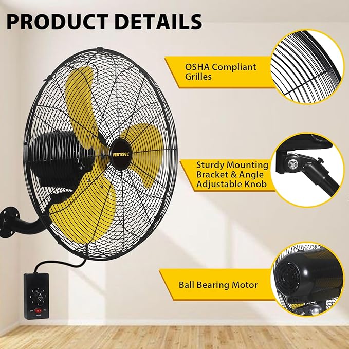 VENTISOL 18 Inch 3-Speed High Velocity Oscillating Wall Fan, 4,200 CFM, 90-Degree Oscillation for Household, Workshops, Shops, Commercial, Patios