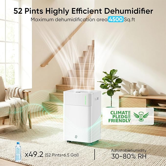 HUMLABS 52 Pints Dehumidifier for Home, 4500 Sq. Ft Dehumidifier for Basement with Drain Hose, 3 Modes, Ultra Quiet, Auto Defrost and 24HR Timer, for Bedroom, Garage, RV and Large Room