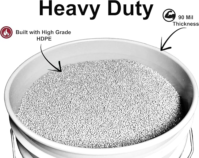 MKS Plastics 5-Gallon Bucket Only – No Lid Included, Made in USA, Food Grade BPA Free Plastic, Heavy Duty Multi-Use, Metal Handle with Grip, Stackable Storage – White, 3 Pack