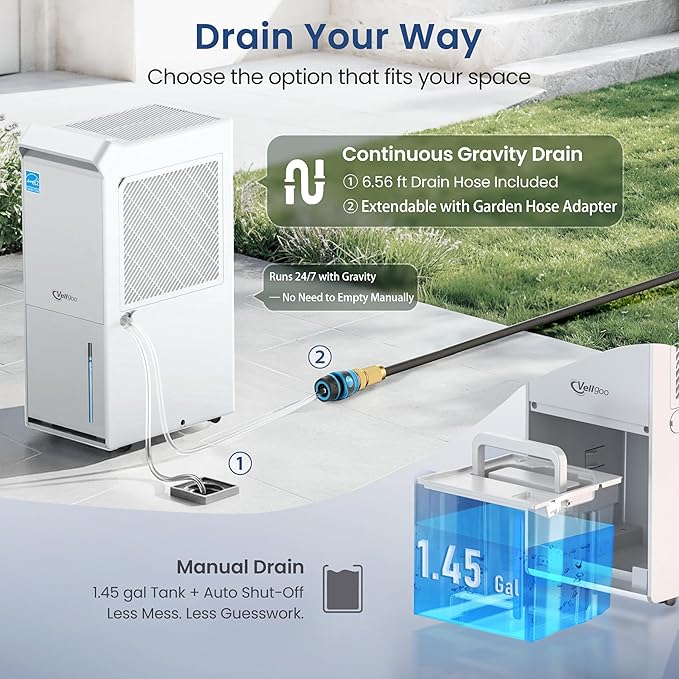 4,500 Sq.Ft Energy Star Most Efficient 2025 Dehumidifier,Vellgoo Max 80 Pint/D Dehumidifier for Basement with Drain Hose, Smart Humidity Control, for Home, Bathroom, Garage