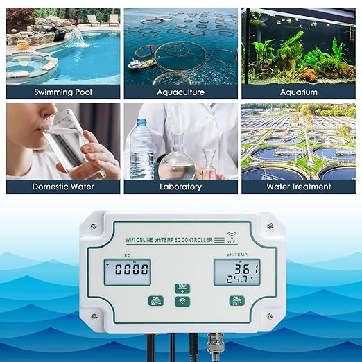 3-in-1 WiFi Smart Water Quality Tester, High Precision pH/EC/Temp Monitor with BNC Probe Real-Time APP Alerts & Data Export, pH Controller for Aquarium, Pool, Drinking Water, Lab