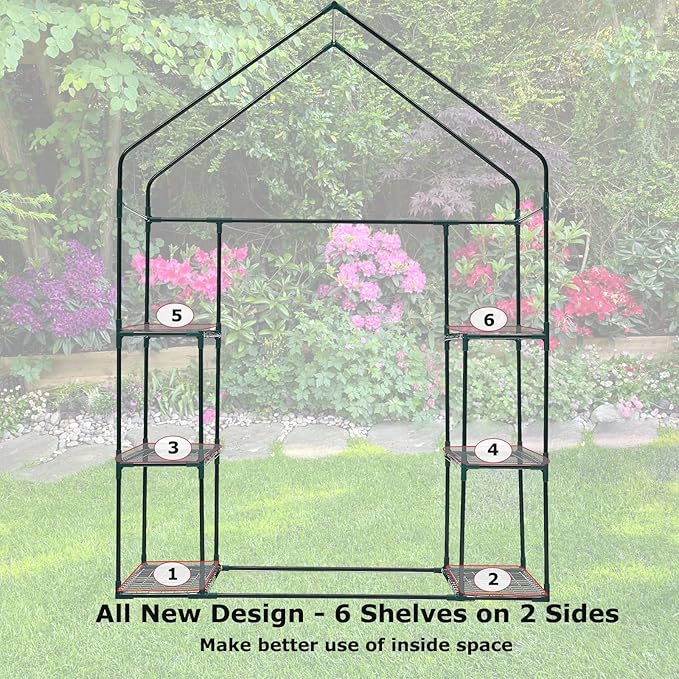 Purlyu Walk-in Greenhouse for Outdoors w/ Mesh Side Windows, 3 Tiers 6 Shelves PE Cover Green House Portable Warm House for Seedling Flowers Growing 20 Pcs T-Type Plant Tags Include (GHW001G)