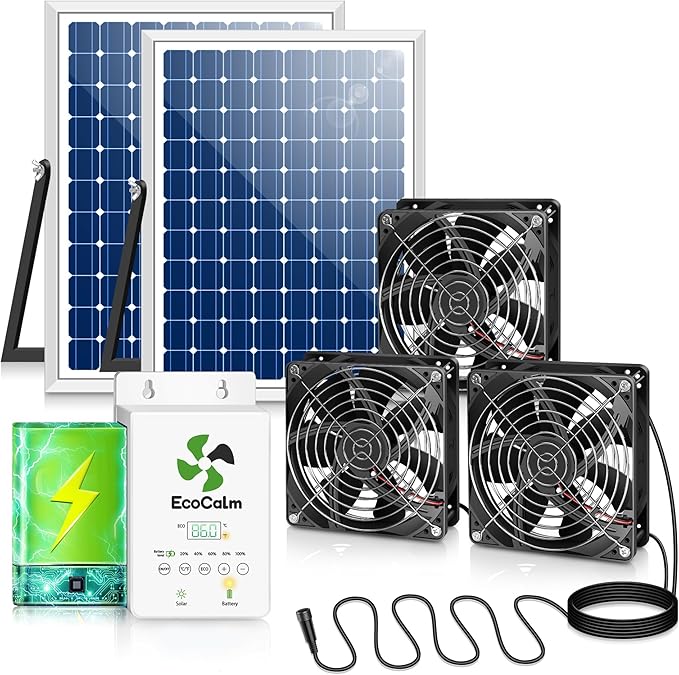 Solar Exhaust Fan for Greenhouse with Battery and Adjustable Thermostat, Solar Powered Fan with 2PCS 20W Bifacial Solar Panel & Triple 5.5" Fans Kits