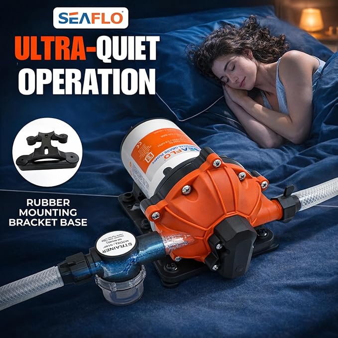 SEAFLO 55 Series 12V RV Water Pump 5.5 GPM 60 PSI Diaphragm Pump Heavy Duty Pressure Switch Built In Bypass Self Priming Quiet High Flow RV Marine Off Grid Freshwater System 4-Year Warranty