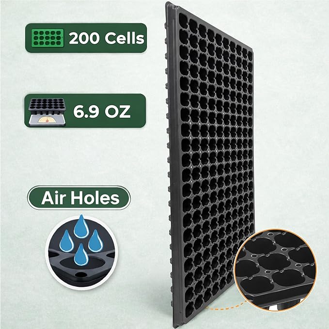 Gardzen 10 Pack 200 Cell Seed Starter Trays, 1.5" Deep Plug Tray for Seedlings, Durable Seedling Trays with Drainage Holes, Fit Standard 1020 Drip Tray