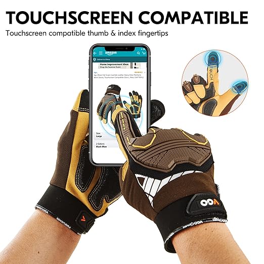 Vgo... 1-Pair Heavy Duty Synthetic Leather Work Gloves, Impact Protection Mechanic Gloves, Rigger Gloves, Vibration Reduction, Touchscreen Capable (Size XL, Brown, SL8849)