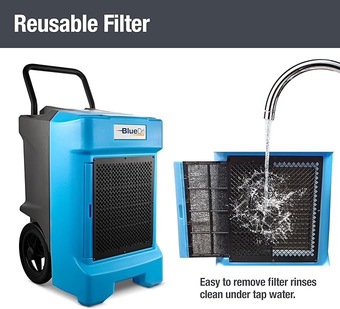 BlueDri BD-BD-130-BL Industrial Commercial Dehumidifier with Hose for Basements in Homes and Job Sites, Blue