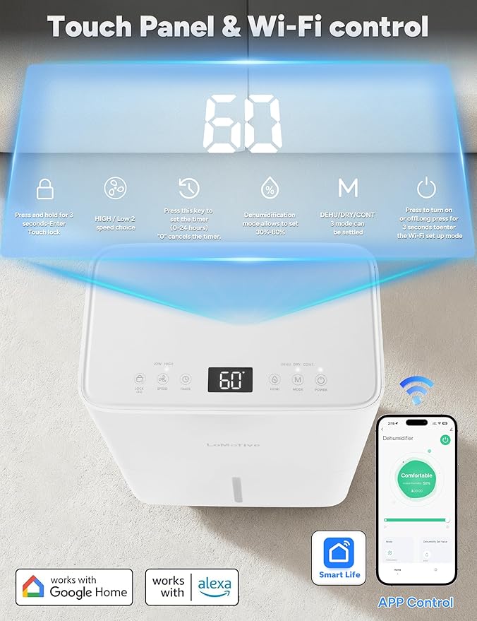 34 Pint Dehumidifier for Home up to 2500 Sq.Ft, Smart WiFi Dehumidifier with App & Voice Control, Dehumidifier with Drain Hose, Auto Defrost, 24H Timer, Quiet for Bedroom Basement Bathroom RV