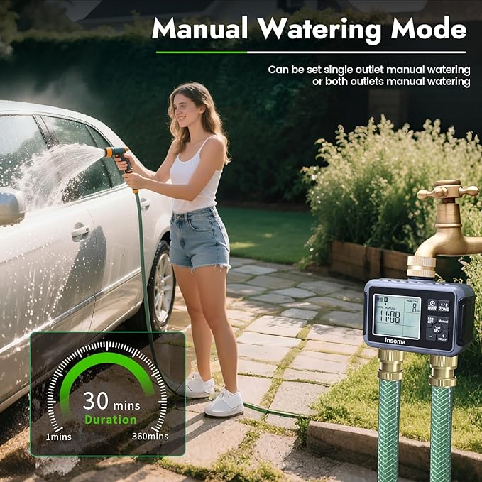 Insoma Water Timer with Brass Inlet, 2 Independent Zones Outdoor Hose Timer for Garden Faucet with Auto/Manual/Rain Delay Mode, Sprinkler Irrigation Timers for Yard Lawn